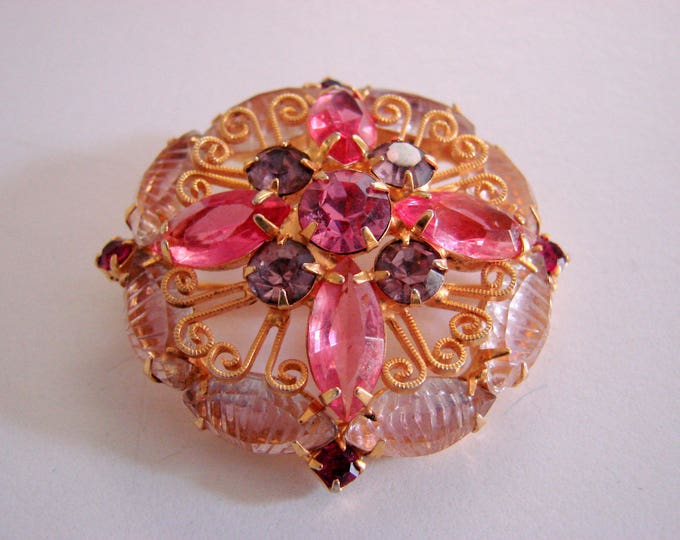Vintage Pink & Amethyst Rhinestone Cluster Brooch Open Back Navettes Art Glass Juliana (?) Jewelry Jewellery