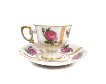 Vintage Pink Rose Teacup Saucer Made in Japan Footed Demitasse Tea Cup Iridescent Handpainted Heavy Gold