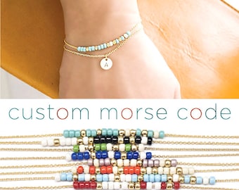 2 Layer Custom Morse Code Initial Charm Bracelet, Gold / Silver, 10 Color Option, Bridesmaid Wedding Girlfriend Gift, Bohemian boho MC ij wj