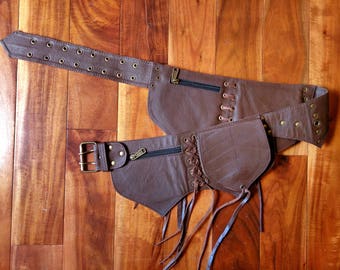 Brown canvas steampunk belt bag vegan utility belt with