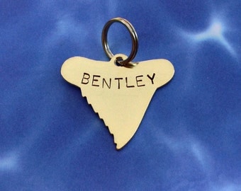 Shark Tooth Pet ID Tag- Handmade - Copper Nickel or Brass - Personalize - Unique Shark Tooth Surfer Dog Tag