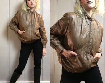 VNTG real leather caramel brown union made bomber jacket