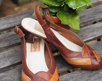Two-tone brown leather slingbacks vintage heels summer sandals 70s 80s size 5 UK size 6.5 US