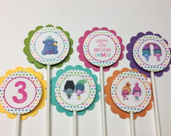 Troll Cupcake Toppers, 12 Troll Birthday Party Cupcake Toppers -Troll Birthday Party Decorations, Girl Cupcake Toppers