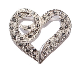 Sterling Marcasite Heart Pin - Vintage Silver and Marcasite Brooch - Gift of Love - Light and Airy - Sterling Heart Love Pin