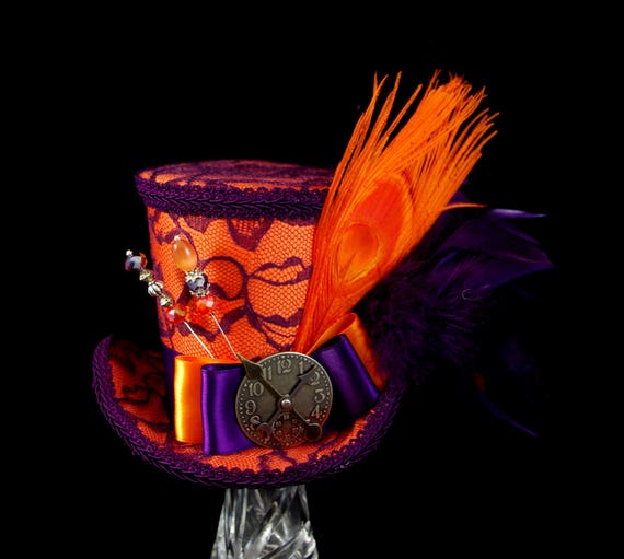 RESERVED FOR SETH - Purple Lace over Orange Large Mini Top Hat Fascinator, Alice in Wonderland, Mad Hatter Tea Party, Derby Hat by TheWeeHatter steampunk buy now online