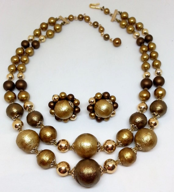 Double Strand Graduated Bead Necklace & Earrings Metallic