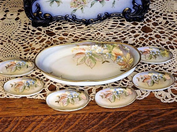 Antique Nippon Serving Bowl Set Moriage Gold Beaded Porcelain Nut Set Snack Celery Bowl 6 Salt Cellars Art Deco Japan Japanese Home Decor