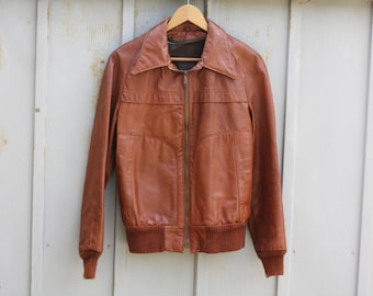 Vegan Leather Jacket - 70s Bomber Jacket - 1970s Pleather Jacket - Brown Leather Jacket - Vintage Flight Jacket - Aviator Jacket for Men