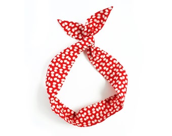 Red Polka Dot Wire Headband. Cherry Red Twist Scarf. Retro Dolly Bow Hair Wrap. Red, White Floral Pinup Headband. Rosie The Riveter Headband