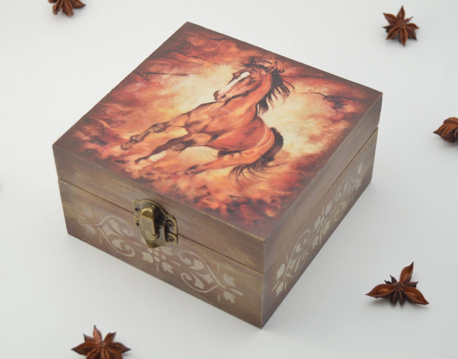 Brown horse jewelry box wooden jewelry box decoupage box