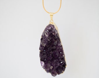 Large Amethyst Cluster Pendant Necklace 18 inch 18k Gold Filled Snake Chain