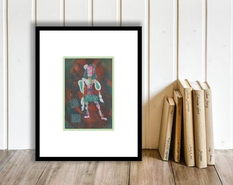 Girl Woman Painting Original Outsider Folk Art Brut Small Wall Art Female Unusual Muted Colours Collage