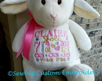 Personalized Baby Gift Personalized Stuffed Animal monogrammed Lamb Embroidered Birth Announcement by Sewbiz Embroidery Too