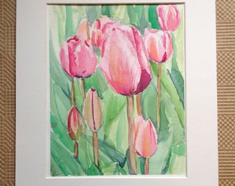 Spring Tulip Watercolor Painting - Field of Pink Tulips Painting - Original Watercolor Tulips - Pink Floral Painting