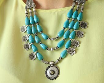 Turquoise silver Necklace - Multi Strand Turquoise Necklace - Silver Floral Necklace