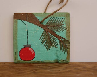 Christmas Bulb Ornament, Hand Painted Christmas Ornament, Wooden Christmas Ornament, Wooden Mini Sign, Rustic Christmas Ornament, Red Bulb