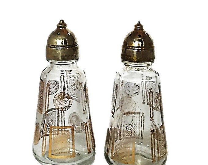 Midcentury Anchor Hocking Salt and Pepper Shakers |Glass with Gold Trim | Silver Toned Metal Caps