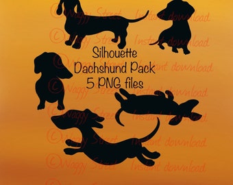Dachshund silhouettes dog clipart instant download. Set of 5 png files on transparent backgrounds Commercial Printable dog art graphics.