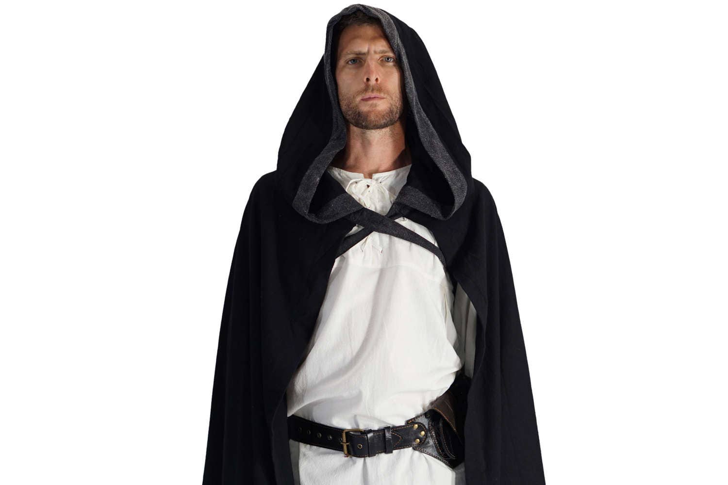 HOODED CLOAK Full length cloak with trim and ties. Shawl