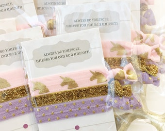 Unicorn Party Favors for Girls, Custom Hair Tie Favors, Pink and Gold Unicorn Birthday Decorations, Girls Birthday Party Favors