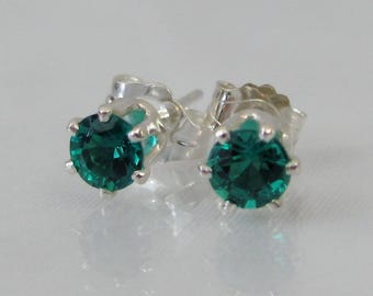 Emerald Stud Earrings, 4mm Russian Emerald Gemstone, May Birthstone Gift, Emerald Post Earrings, Hydrothermal Lab Emerald, Sterling Silver