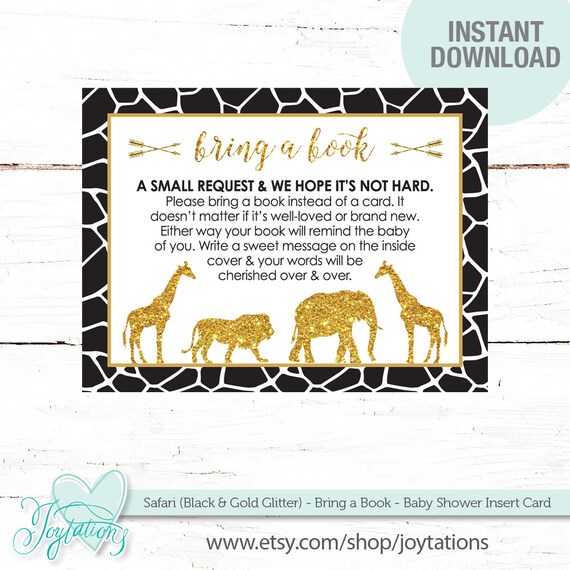 safari black and gold glitter bring a book baby shower insert card