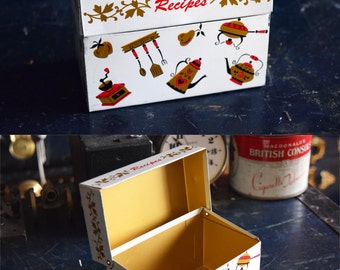 Metal Ohio Art Recipe Card Box - Retro Kitchen Tools - Gold Interior - RECIPE CARDS - Tin Case - Vintage - That 70s Show - Made in the USA