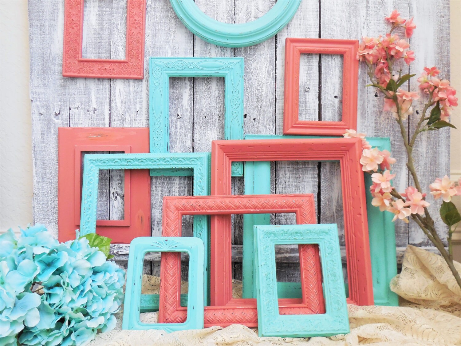 Coral and Aqua Picture Frame Set Salmon Teal Turquoise