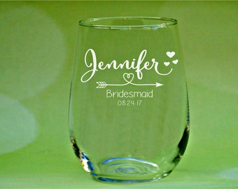 Personalized Wine Glasses, Bridesmaids Glass, Custom Name, Bridal Party Favors, Bridesmaid Gift, Stemless Wine Glasses, Bridal Shower Favors
