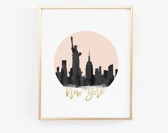 New York Print - New York Skyline - - Black and Pink - Faux Gold Foil - Art Poster - Skyline Prints - Skyline Watercolor - Custom Color