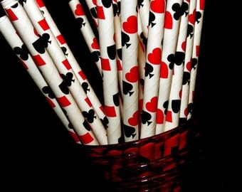 Alice in Wonderland straws, casino straws, poker night decorations, Onederland, card party, 10CT, queen of hearts, spades, clubs, card deck