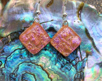 Peachy Pink Dichroic Glass Dangle Earrings