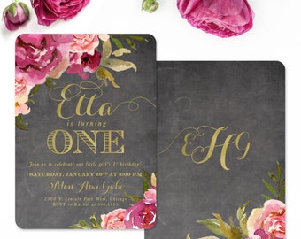 Burgundy, Blush Pink & Gold First Birthday Invitation Baby Girl, Chalkboard Flowers, Roses Floral, Party 1st Bday Invite - Any Age - Etta
