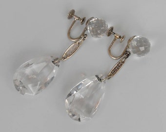 14K Rock Crystal Dangle Earrings, Art Deco Filigree, White Gold Drops, Screw Back