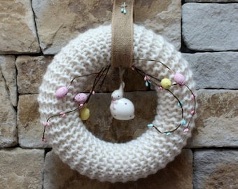 Easter Wreath, knitted with Easter Bunny and decorative eggs