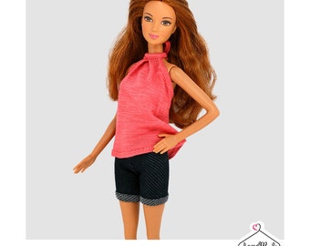 Barbie Outfit-2pieces Outfit-Coral Top/Dark Blue Shorts-Handmade Barbie Clothes by Lovemade- Fashion Doll Clothes