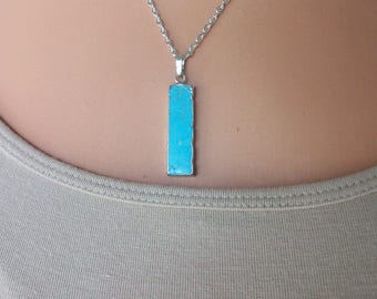 Turquoise Necklace/Silver Turquoise Necklace/Turquoise Bar Necklace/Silver Bar Necklace/Genuine Turquise Gemstone Pendant/Unique Bar/BA123