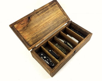Built on Order: Pocket Knife Storage Case, Divided Wooden Box with 6 Sections, Reclaimed Wood Gift Box, Rustic Engraved Gift, Collection Box