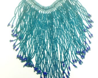 Vintage, flapper style, fringed, seed bead bib necklace.