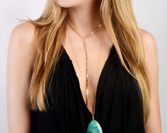 Turquoise Necklace, Long Turquoise Necklace, Turquoise Jewelry, Bohemian Jewelry, Boho Necklace, Natural Stone Necklace, Agate Pendant, Gold
