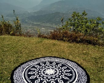 Roundie - Black and White Aztec (hand made) - Boho Tapestry, hippie beach cloth