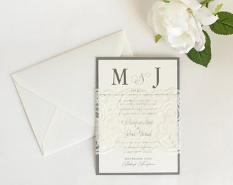 Lace Wedding Invitations, Classic Wedding Invitations, Silver Wedding Invites, Monogram Wedding Invites, The Meaghan Invitation Sample