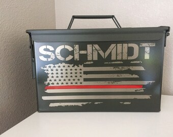 Engraved Ammo Box Fireman EMT Police Officer Law Enforcement Badge Cop Flag red line hero husband military Ammunition Survival Valentines