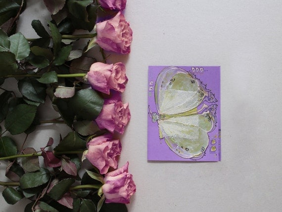 Lime green butterfly on lilac - handmade blank greeting card for any event - art, original painting, lavender, mint green silver insect OOAK