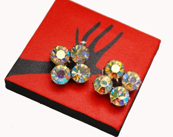 Rhinestone clip on earrings - Aurora Borealis AB crystal - Diamond design - Wedding Bride - Prom Bling