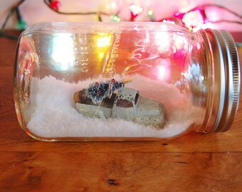 Mint Green Pick Up Truck Bottle Brush Tree Snow in Mason Jar, Metal Truck Christmas Tree Farmhouse Light Blue Tootsietoy Diecast Metal Truck