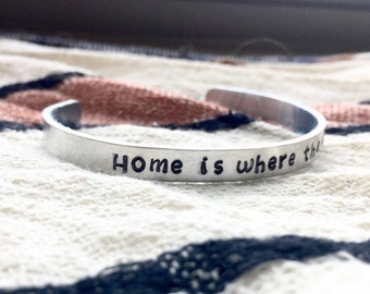 Handstamped Bracelet, Home Is Where The Heart Is, Layering Cuff, Housewarming Gift, Present For New Homeowners, New House 2017, Long Distanc