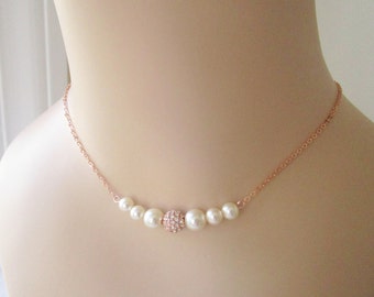 Rose Gold Bridesmaid Necklace,Set Of 6 Pearl Necklaces,Rose Gold Pearl Necklace, Floating Pearl Necklace, Six Bridesmaid Necklace, Swarovski