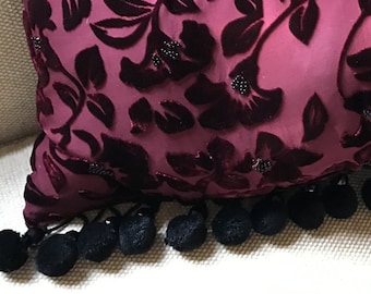 Cranberry Boudoir Pillow, Silk Pillow, Elegant Pillow, Designer Silk Pillow, Burnout Velvet, Altered Couture, Lumbar, Accent Pillow